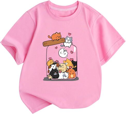 تي شيرت لطيف على شكل قطة للفتيات والأطفال تي شيرت برسومات مطبوعة على شكل حيوانات Kawaii كارتون تي شيرت برقبة دائرية وأكمام قصيرة صيفية in Kuwait