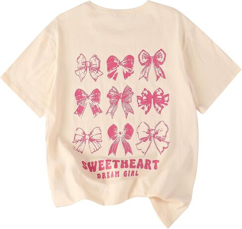 EXARUS Girls Bow Graphic Tees Cotton Oversized Leopard Print T Shirts Summer Short Sleeve Casual Teen Cute Tops 8-14Y in Saudi Arabia