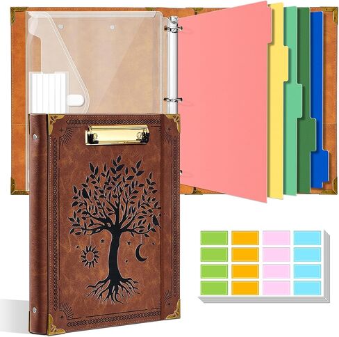 1 Inch 3 Ring Binder with Clipboard Leather Round Ring Binder with 5 Dividers, Plastic Folder, 400 Divider Stikers, Fits 175 Sheets 8.5"x11" Letter Size Paper, Tree of Life Brown in Kuwait