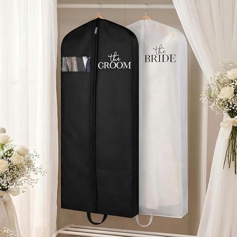 2 Pcs 71" Wedding Dress Garment Bags Black White Suit Bag for Hanging Long Wedding Dress Cover Waterproof Clothes Protector(Groom Bride) in Saudi Arabia