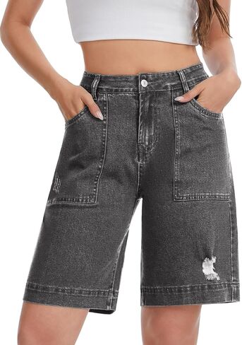 Metietila Baggy Jean Shorts for Women High Waisted Bermuda Knee Length Denim Shorts Trendy Distressed Summer Jorts in Saudi Arabia