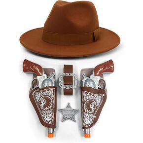 Adult Western Cowboy Costume 7Pc's Set – Plastic Twin Prop Guns with Dual Holster Belt, Sheriff Badge & Brown Cowboy Hat for Costume Parties & Cosplay in Saudi Arabia