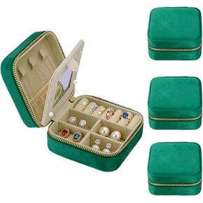 صندوق مجوهرات السفر، 3.93 بوصة × 3.93 بوصة، منظمات مجوهرات مخملية صغيرة محمولة وتخزينها مع مرآة، حقيبة مجوهرات صغيرة للسفر هدية للنساء للأقراط والخواتم والقلائد (أخضر داكن) in Kuwait