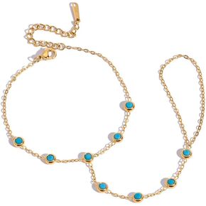 Bohemian Blue Turquoise Hand Chain Ring Bracelet for Women Stainless Steel 18k Gold Plated Dainty Fashion Natural Stone Adjustable Linked Stackable Finger Ring Bracelet Trendy Jewelry in Kuwait