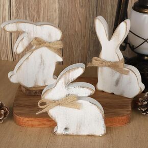3Pcs Easter Decorations, Farmhouse Wooden Bunny Table Decor Rustic Rabbit Centerpieces Sign for Home Tiered Tray Mantel Office Party Supplies (White) in Kuwait