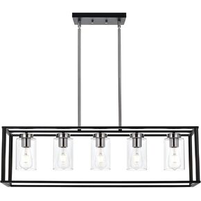 VINLUZ Contemporary Chandeliers Brushed Nickel 5 Light Modern Dining Room Lighting Fixtures Hanging, Kitchen Island Linear Pendant Lights Farmhouse Flush Mount Ceiling Light with Glass Shade in Kuwait