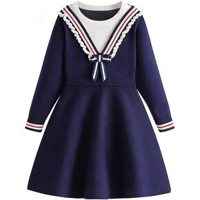 Girls Navy Blue Knit Sweater Dress with Sailor Collar, Long Sleeve School Style for Ages 5-12 in Saudi Arabia