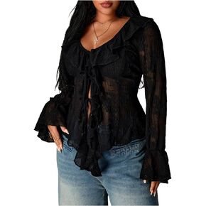 Women's Plus Size Ruffle Bell Long Sleeve T Shirts Sheer Tie Front Deep V Neck Tops Going Out Outfits in Saudi Arabia