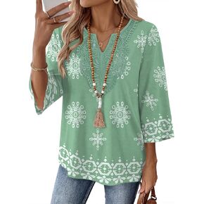 Ivicoer 3/4 كم طول المرأة بلايز بوهو الخامس الرقبة الدانتيل قميص عطلة الملابس البلوزات العصرية متأنق عادية in Kuwait