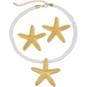 مجموعة قلادة نجم البحر الذهبية وأقراط نجم البحر، مجوهرات الشاطئ بسلسلة حبل قابلة للتعديل للنساء، هدية مستوحاة من المحيط الصيفي in Kuwait