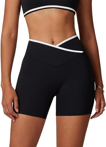 Crossover Biker Shorts for Women, Colorblock High Waist Yoga Workout Gym Shorts with Tummy Control in Saudi Arabia