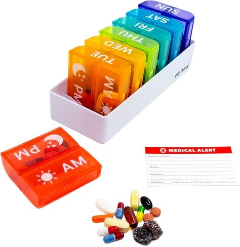 6 Times a Day, 7 Day Large Weekly Pill Organizer with Holder Tray, Vitamin, Medicine Box, Multicolor (6X a Day - 1 Pack) in Kuwait