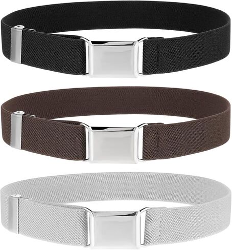 3 Pcs Kids Belt Magnetic Toddler Belt Adjustable Elastic Belts Boys Girls Fashion Stretch Belts with Silver Buckle Waistband for Children's Jeans, Shorts & Trousers, Uniform, Black, White, Coffee in Saudi Arabia