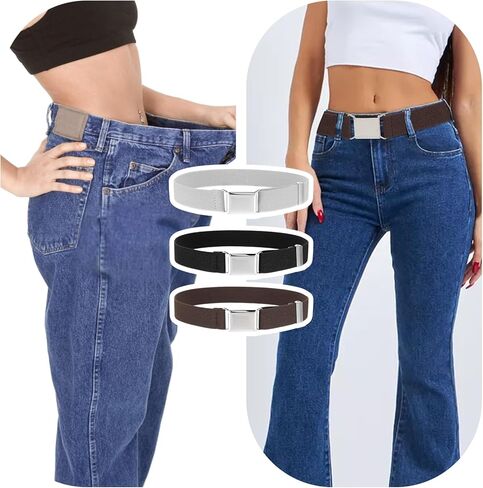 3 Pcs Kids Belt Magnetic Toddler Belt Adjustable Elastic Belts Boys Girls Fashion Stretch Belts with Silver Buckle Waistband for Children's Jeans, Shorts & Trousers, Uniform, Black, White, Coffee in Saudi Arabia