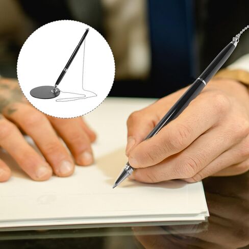 Ballpoint Pen with Chain 0.5mm Black Ink Desktop Signature Pen Silver Accessories Wear-resistant for Office Counter Use in Kuwait