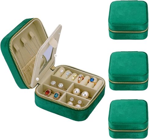 صندوق مجوهرات السفر، 3.93 بوصة × 3.93 بوصة، منظمات مجوهرات مخملية صغيرة محمولة وتخزينها مع مرآة، حقيبة مجوهرات صغيرة للسفر هدية للنساء للأقراط والخواتم والقلائد (أخضر داكن) in Kuwait