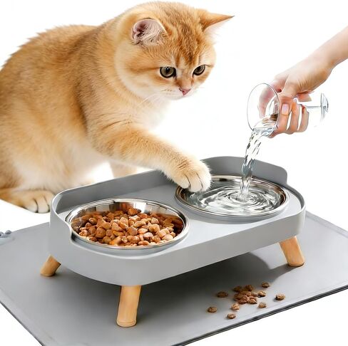 Elevated Cat Bowls with Food Mat, Splash Proof Anti Vomiting Raised Cat Food and Water Bowl Set, 2 Stainless Steel Dishes for Cats and Puppy, Pet Bowl for Indoor Cats White in Saudi Arabia