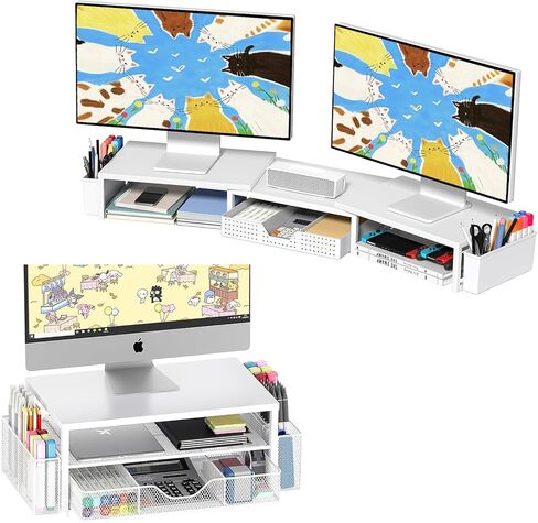 OPNICE منظم مكتب الكمبيوتر بطبقتين + حامل شاشة مزدوج (أبيض) in Kuwait