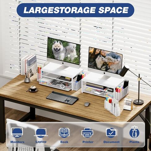 OPNICE منظم مكتب الكمبيوتر بطبقتين + حامل شاشة مزدوج (أبيض) in Kuwait