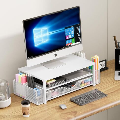 OPNICE منظم مكتب الكمبيوتر بطبقتين + حامل شاشة مزدوج (أبيض) in Kuwait