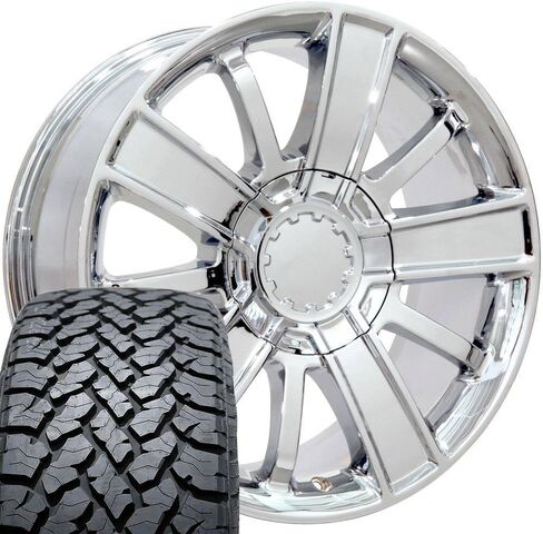 إطارات وإطارات OE Wheels CV77 مقاس 20 بوصة تناسب Silverado 1500 Style 6x139.7 20x9 Chrome - Hollander 5653 - TS-37 AT 275/55-20 (مجموعة من 4) in Saudi Arabia