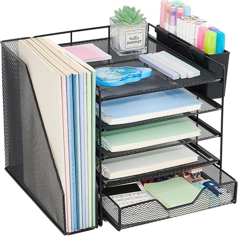 Desk Organizer, 5-Tier Paper Letter Tray Organizer with File Holder, Drawer and Pen Holder, Desktop Organizer for Office Supplies, Black in Kuwait