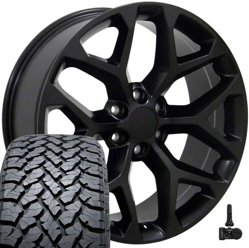 OE Wheels CV98 22 Inch Rims and Tires Fit Silverado 1500 Snowflake Style 6x139.7 22x9 Satin Black - Hollander 5668 - TS-37 AT 285/45-22 (Set of 4) in Saudi Arabia