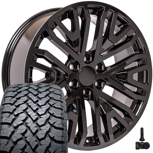 OE Wheels CV37 22 Inch Rims and Tires Fit Sierra 1500 Style 6x139.7 22x9 Gloss Black - Hollander 5906 - TS-37 AT 285/45-22 (Set of 4) in Saudi Arabia