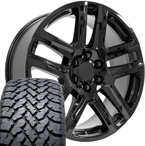 OE Wheels CV63 22 Inch Rims and Tires Fit Silverado 1500 Z71 Style 6x139.7 22x9 Gloss Black - Hollander 5913 - TS-37 AT 285/45-22 (Set of 4) in Saudi Arabia
