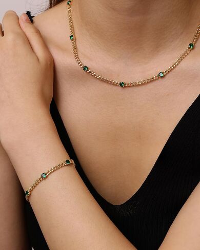 FANCIME 925 فضة استرلينية 3.6 ملم مطلية بالذهب كوبي رابط سلسلة كبح سوار مع أحجار كريمة الزمرد للنساء والرجال للجنسين in Saudi Arabia