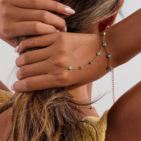 Bohemian Blue Turquoise Hand Chain Ring Bracelet for Women Stainless Steel 18k Gold Plated Dainty Fashion Natural Stone Adjustable Linked Stackable Finger Ring Bracelet Trendy Jewelry in Saudi Arabia