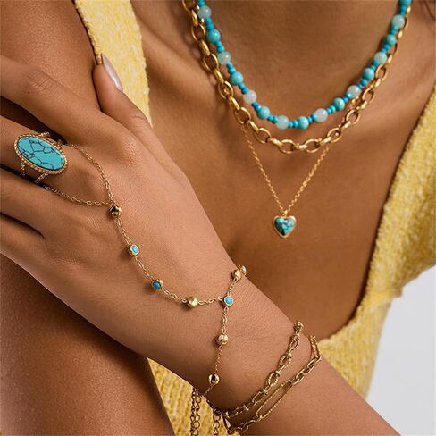 Bohemian Blue Turquoise Hand Chain Ring Bracelet for Women Stainless Steel 18k Gold Plated Dainty Fashion Natural Stone Adjustable Linked Stackable Finger Ring Bracelet Trendy Jewelry in Saudi Arabia