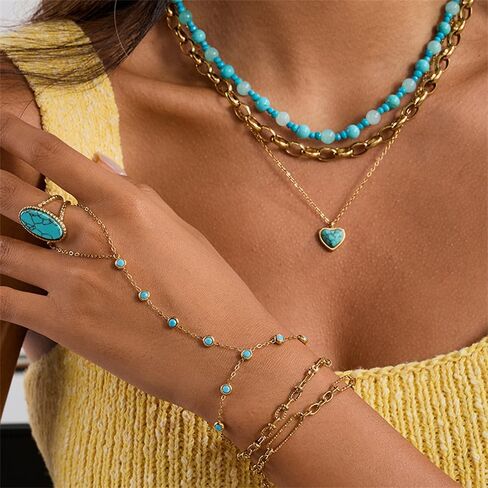 Bohemian Blue Turquoise Hand Chain Ring Bracelet for Women Stainless Steel 18k Gold Plated Dainty Fashion Natural Stone Adjustable Linked Stackable Finger Ring Bracelet Trendy Jewelry in Saudi Arabia