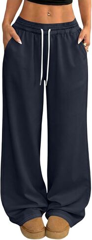 Women's Drawstring Waist Straight Wide Leg Joggers Fashion Casual Loose Baggy Workout Long Sweatpants in Kuwait