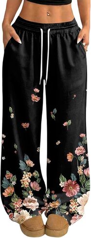 بنطال رياضي نسائي واسع الساق بطبعات زهور وخصر عالي ورباط وفضفاض للركض مع جيوب in Kuwait
