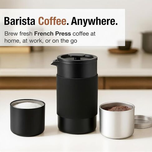Small French Press Coffee Maker Set - 12 oz | Portable Travel French Press Coffee Maker | Double Wall Insulated with Dual Stainless Filters & 2 Steel Canisters for Grounds, Tea, Creamer & Sugar in Saudi Arabia