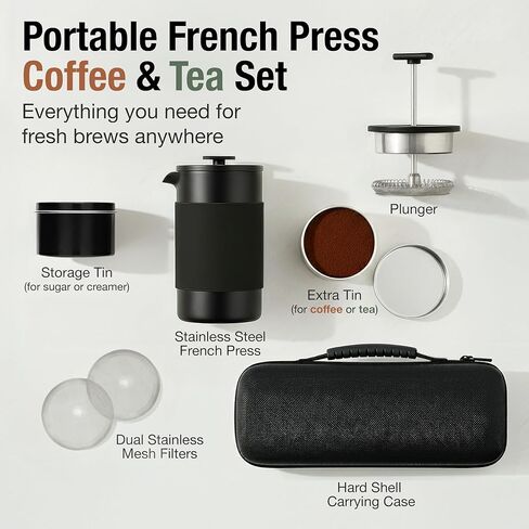 Small French Press Coffee Maker Set - 12 oz | Portable Travel French Press Coffee Maker | Double Wall Insulated with Dual Stainless Filters & 2 Steel Canisters for Grounds, Tea, Creamer & Sugar in Saudi Arabia