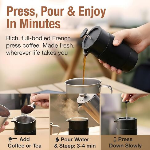 Small French Press Coffee Maker Set - 12 oz | Portable Travel French Press Coffee Maker | Double Wall Insulated with Dual Stainless Filters & 2 Steel Canisters for Grounds, Tea, Creamer & Sugar in Saudi Arabia