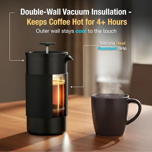 Small French Press Coffee Maker Set - 12 oz | Portable Travel French Press Coffee Maker | Double Wall Insulated with Dual Stainless Filters & 2 Steel Canisters for Grounds, Tea, Creamer & Sugar in Saudi Arabia