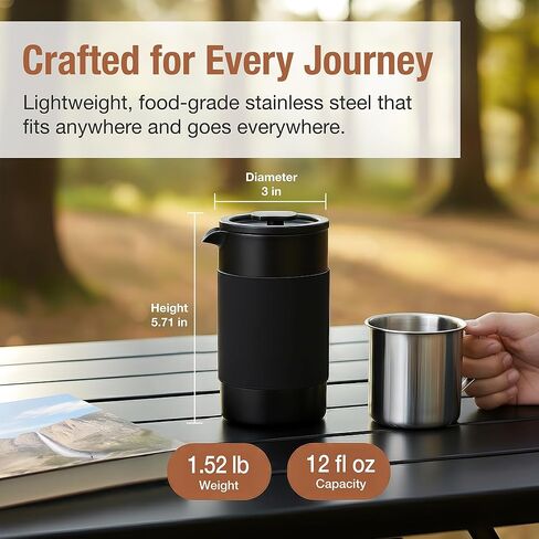 Small French Press Coffee Maker Set - 12 oz | Portable Travel French Press Coffee Maker | Double Wall Insulated with Dual Stainless Filters & 2 Steel Canisters for Grounds, Tea, Creamer & Sugar in Saudi Arabia
