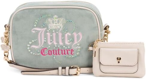 Juicy Couture Dreamy Double Crossbody Bag with Attached Wallet, Velour, Rhinestone Embellished, 9in W x 6.5in H in Saudi Arabia