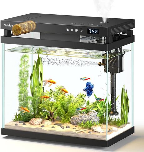 Fish Tank Aquarium, 2.2 Gallon Smart Fish Aquarium Kits with Auto Feeder, Silent Water Pump, Temperature Display, Smart Humidifier & 7-Color Lighting, for Office & Home - White in Kuwait