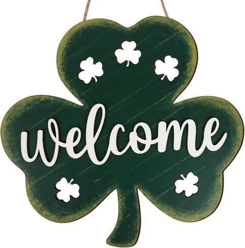 St Patricks Day Shamrock Door Sign, Wooden Vintage Happy St Patricks Day Decorations, Shamrock Door Wreath Hanger, for Porch Wall Indoor Home Decor in Kuwait