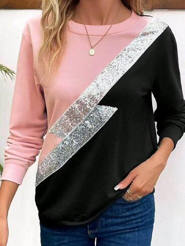 Women's fashionable round neck pink long-sleeved patchwork sweatshirt in Saudi Arabia