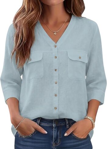 LOMON Women's Button Down Shirts Summer 3/4 Sleeve V Neck Blouses Lightweight Casual Office Work Tops with Pockets in Saudi Arabia