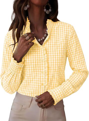 LOMON Button Down Shirts for Women Dressy Casual Long Sleeve Ruffle Blouses Office Tops Work Shirt in Saudi Arabia