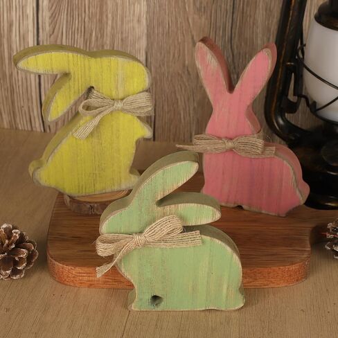 3 قطع من زينة عيد الفصح، ديكور طاولة على شكل أرنب خشبي لمنزل المزرعة، لافتة قطع مركزية على شكل أرنب ريفي للمنزل، لوازم حفلات المكتب (أبيض) in Kuwait