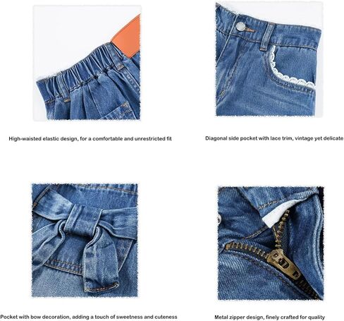 Tengo Girls High Waist Elastic Jean Shorts Bow-Tied Loose Wide-Leg Girl's Denim Shorts 5-14Y in Saudi Arabia