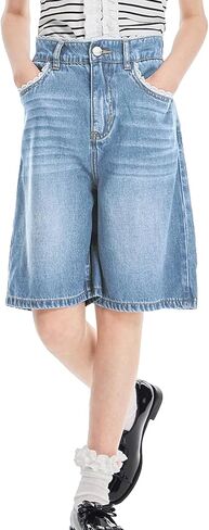 Tengo Girls High Waist Elastic Jean Shorts Bow-Tied Loose Wide-Leg Girl's Denim Shorts 5-14Y in Saudi Arabia