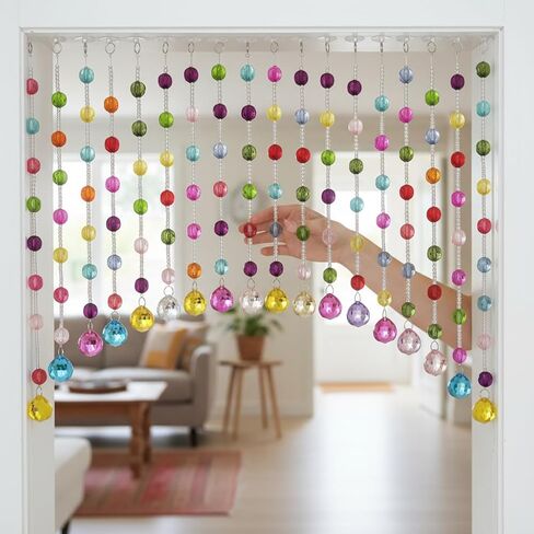 Acrylic Multicolor Beaded Door Curtain, Self-Adhesive Door String Beads Curtains for Doorways Hippie Window Closet Door Way Bead Hangings Curtain Arched Bedroom Hallway String Curtains(20 Strings) in Kuwait